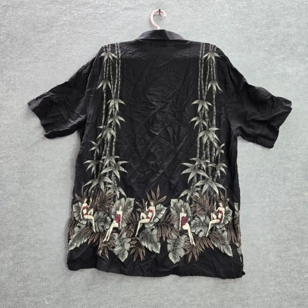 Croft & Barrow Men Button Up Shirt Large‎ Black Floral Hula Girl Hawaiian Collar